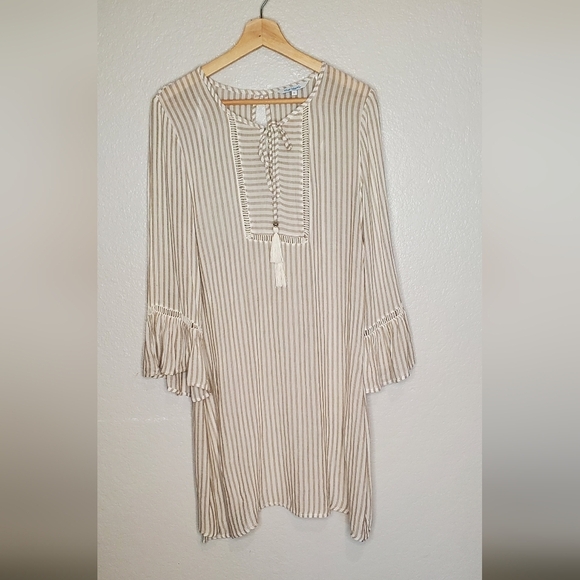 💚5/$25 Blue Island Beige & White Striped Topan Beach Tunic Tassel Boho Dress - Picture 1 of 8